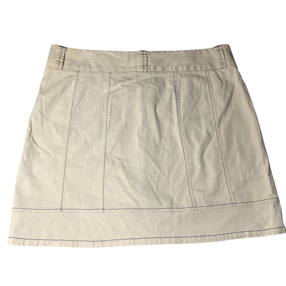 LL Bean Khaki Tan Canvas Button Front Mini Skirt Navy Contrast Stitching 16 Reg - Picture 5 of 6